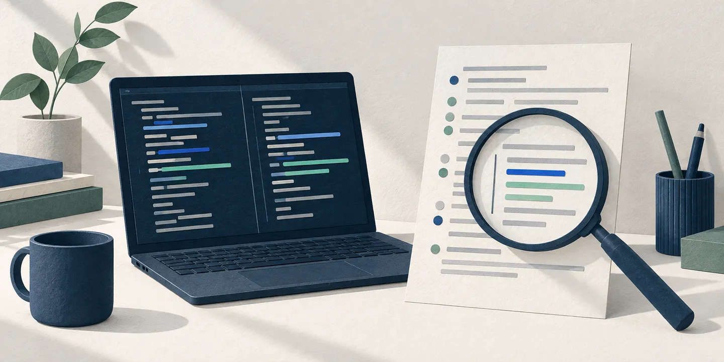Paper-textured illustration of a laptop with an abstract code diff beside a review sheet and magnifying glass.