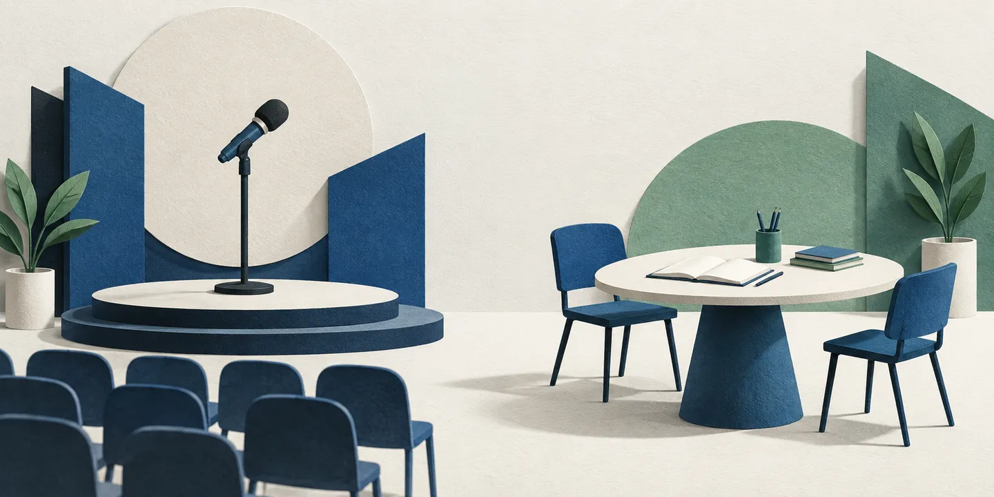 Paper-textured illustration of a keynote microphone and audience seating beside a small workshop table with an open notebook.