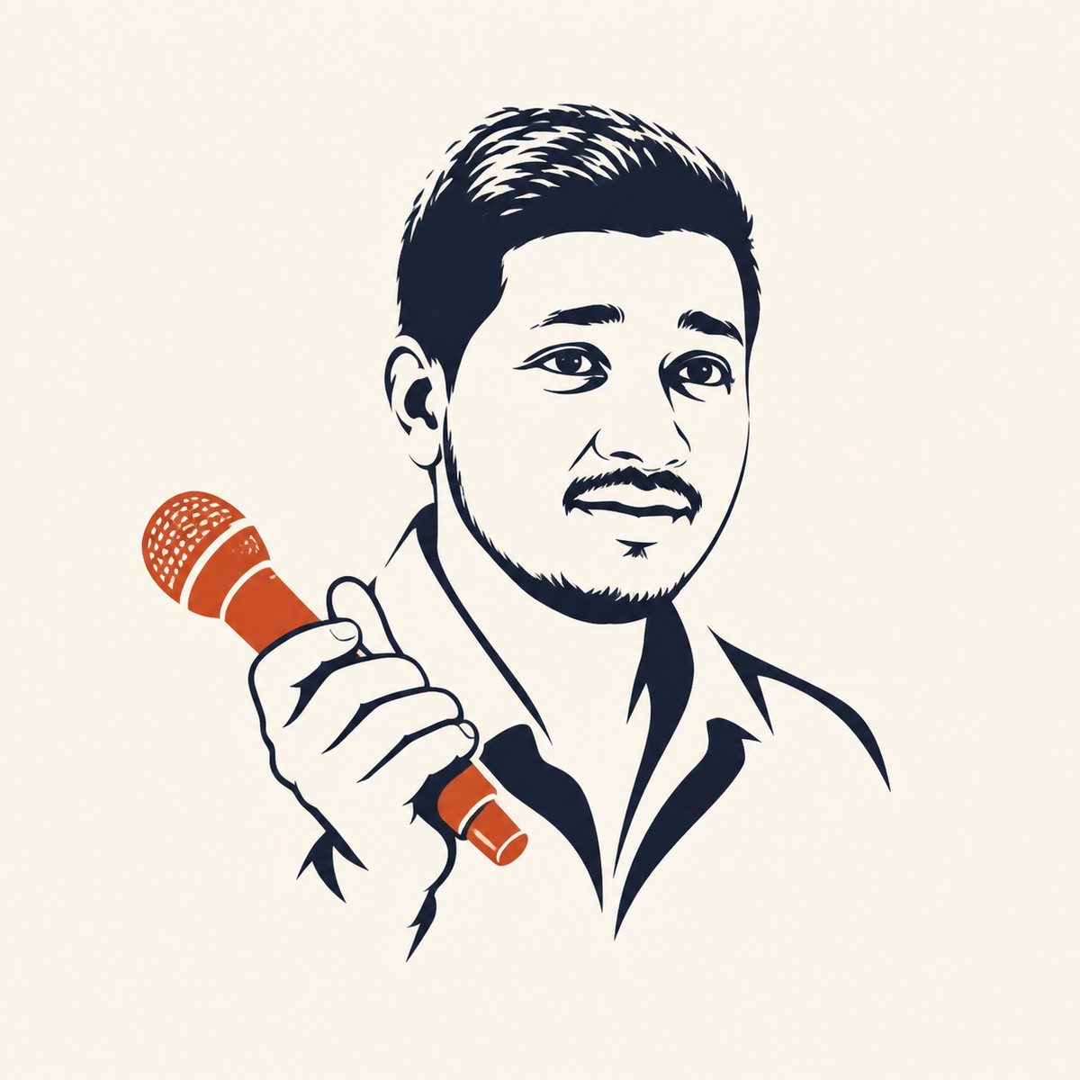 Illustrated portrait of Ali Mustufa Shaikh holding a terracotta microphone.