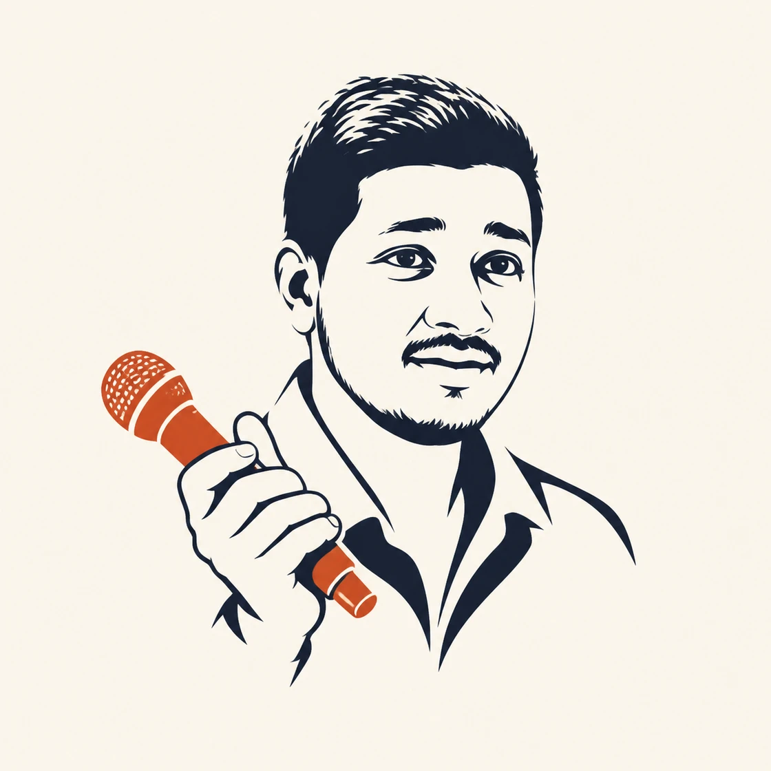 Illustrated portrait of Ali Mustufa Shaikh holding a terracotta microphone.