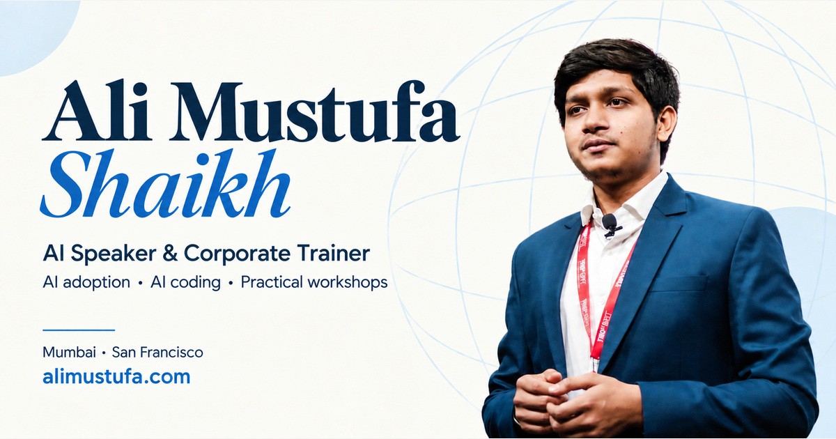 Ali Mustufa Shaikh beside his name, AI speaking and training focus, and Mumbai and San Francisco locations.