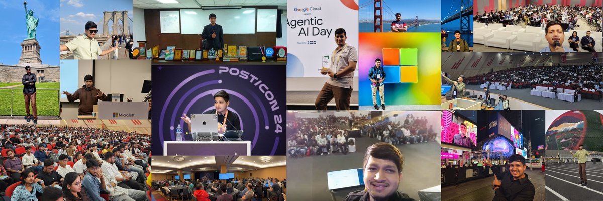Collage of Ali Mustufa Shaikh leading workshops, speaking to conference audiences, mentoring at Agentic AI Day and travelling between events.