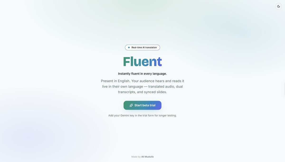 Fluent homepage introducing live presentation translation with translated audio, dual transcripts and synced slides.