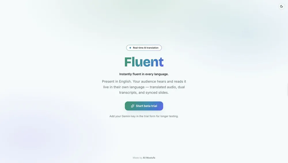 Fluent homepage introducing live presentation translation with translated audio, dual transcripts and synced slides.