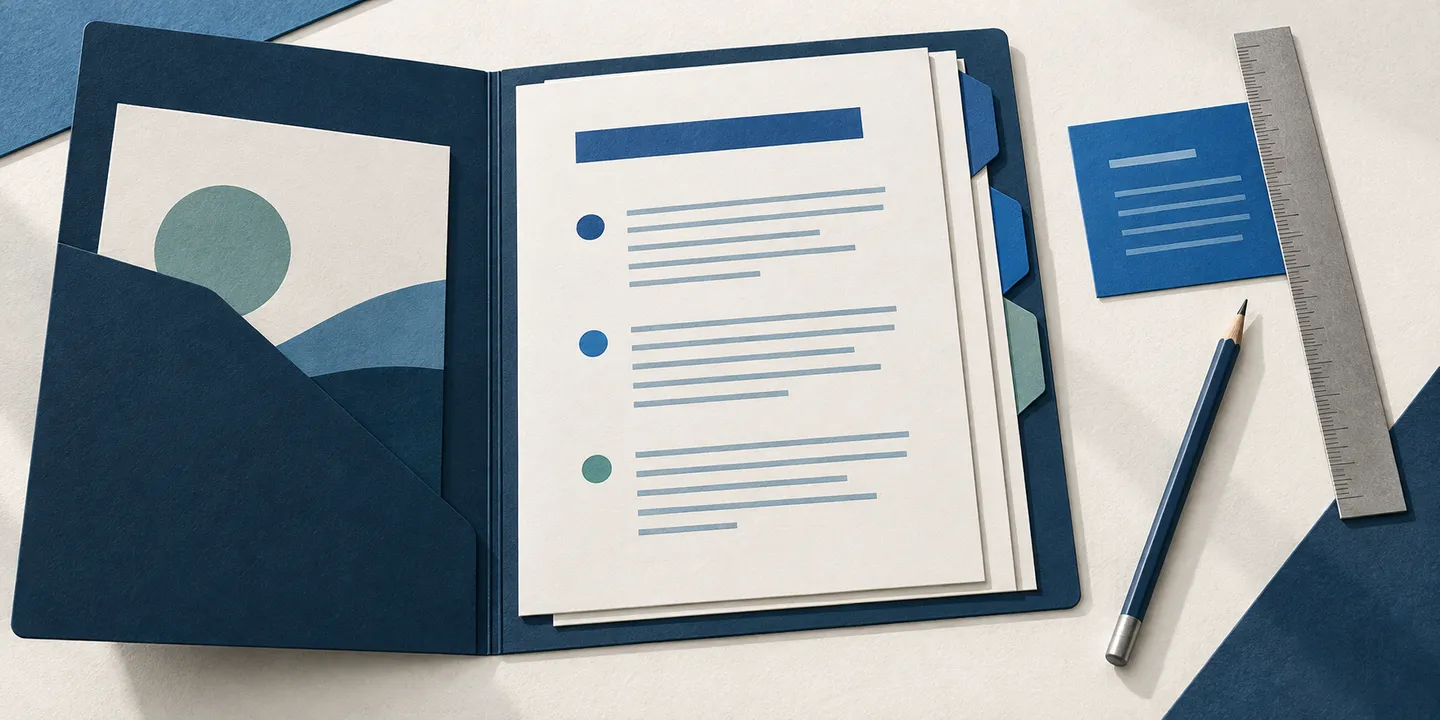 Editorial illustration of an open navy folder containing organised briefing sheets, with section tabs, a pencil, and a ruler.
