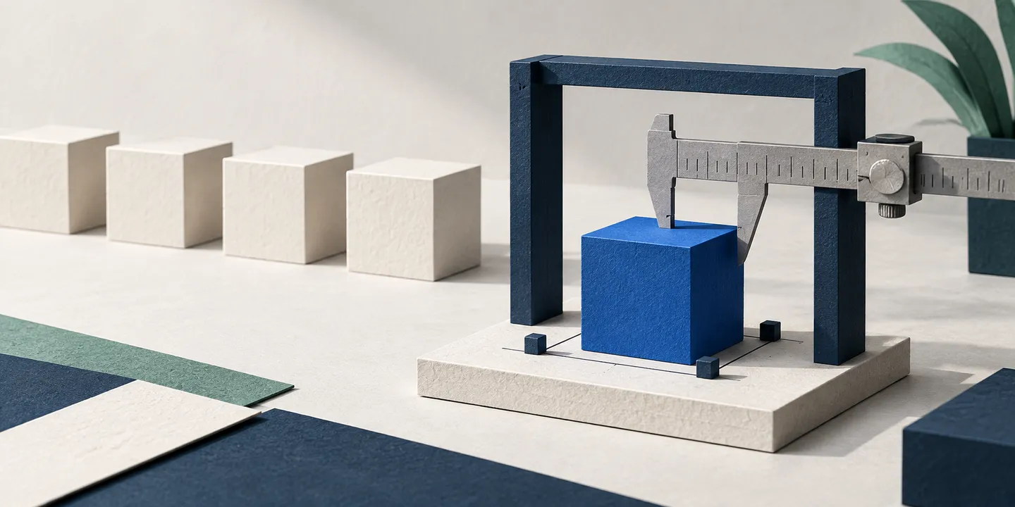 Editorial illustration of one blue prototype block being measured inside a testing frame, with unselected blocks behind it.