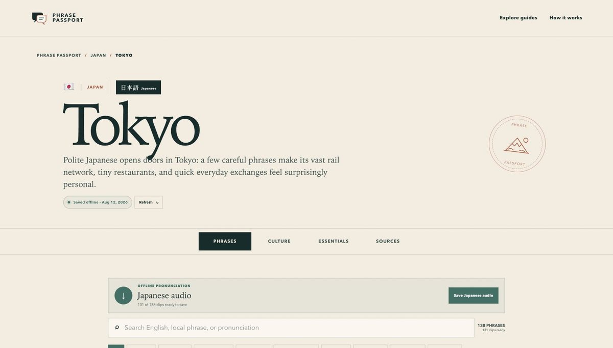 Phrase Passport Tokyo guide with Japanese pronunciation downloads and tabs for phrases, culture, essentials and sources.
