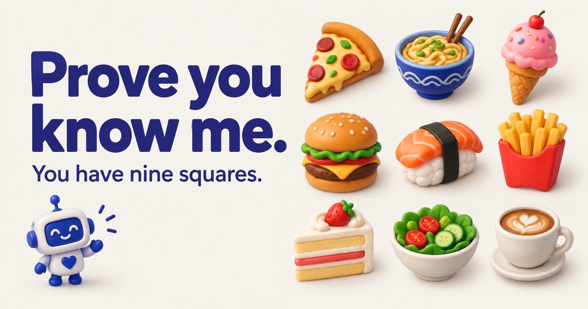 Prove You Know Me artwork with nine illustrated food choices, a friendly blue robot and the line “You have nine squares.”