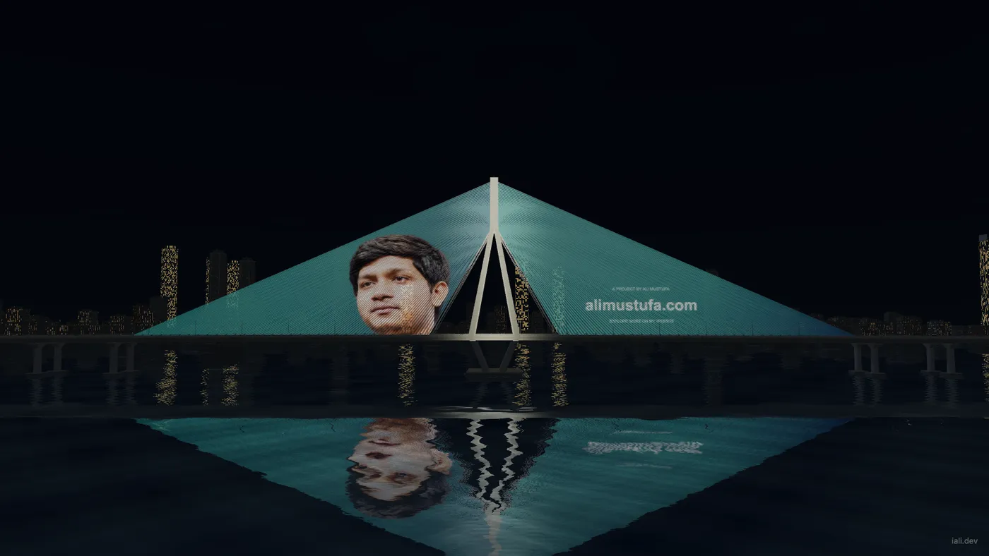 Night render of the Sea Link with Ali Mustufa’s portrait and website displayed on its cable fans and reflected in the water.