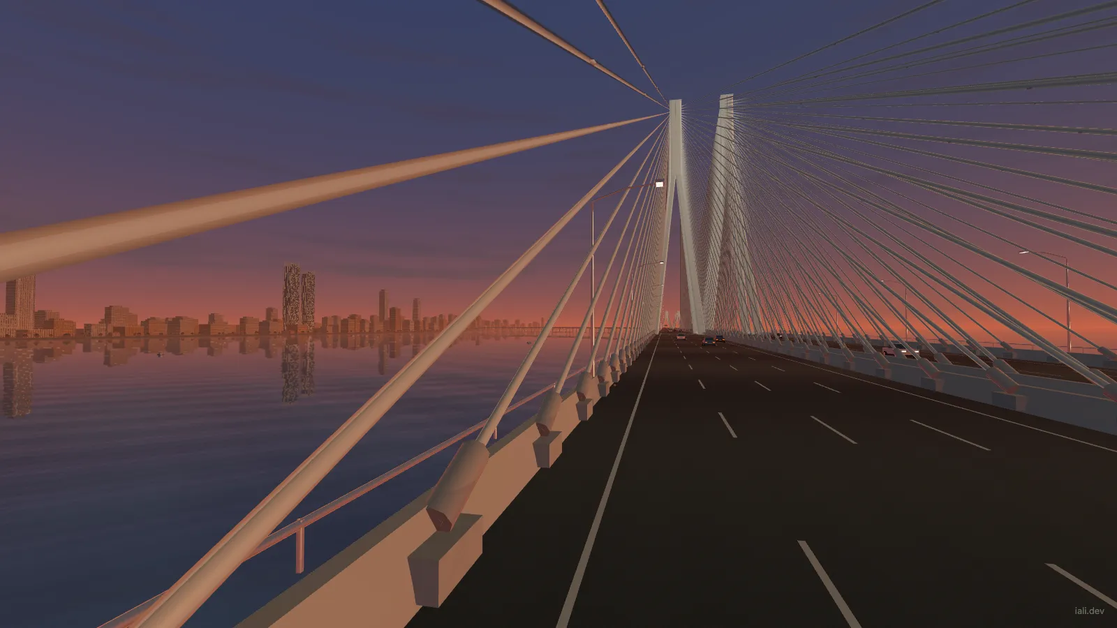An upper-deck view along the modeled road toward the Sea Link pylons, with the skyline on the left.