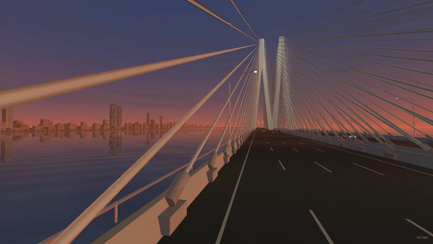 Rendered open-deck bus view following the Sea Link, with a modeled Mumbai skyline to the left.
