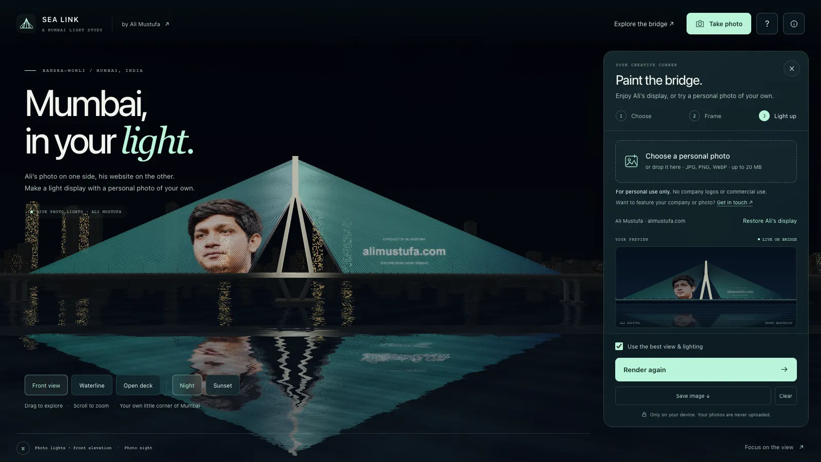 Screenshot of the Sea Link photo studio beside the rendered bridge, with a front-elevation preview and render and save controls.