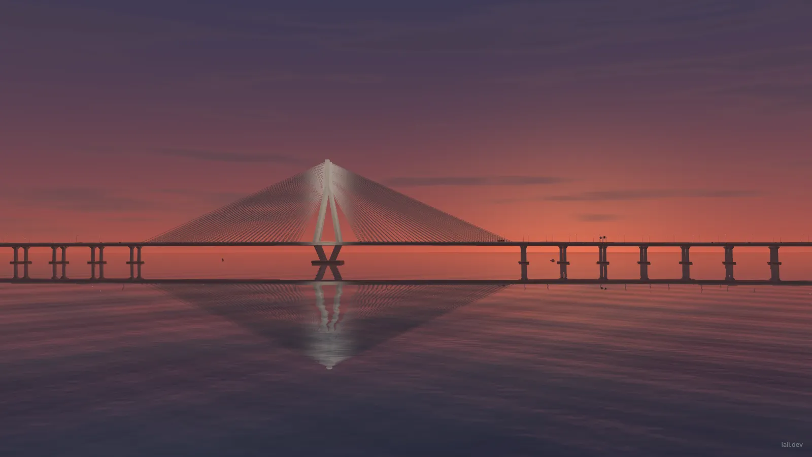 Rendered Sea Link pylons and cable fans against the sunset sky, with their reflection in the water.