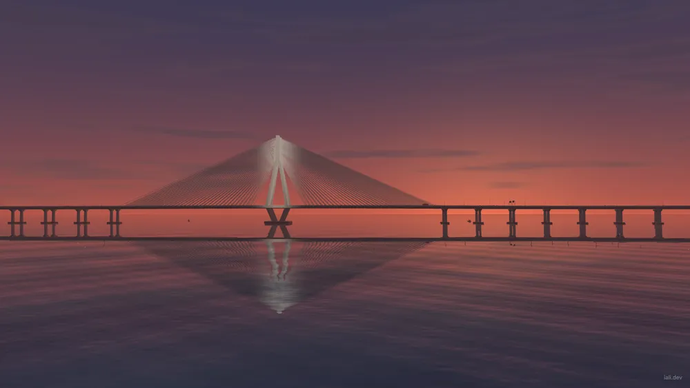 3D render of the Sea Link’s cable-stayed pylon at sunset, reflected in the water.