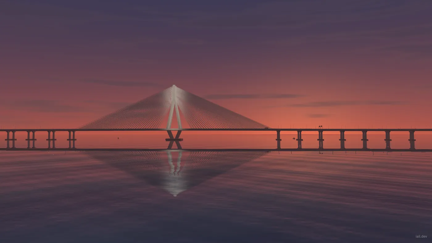 3D render of the Sea Link’s cable-stayed pylon at sunset, reflected in the water.
