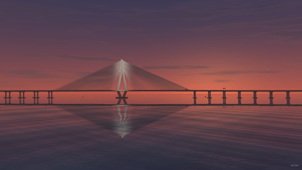 3D render of the Sea Link’s cable-stayed pylon at sunset, reflected in the water.