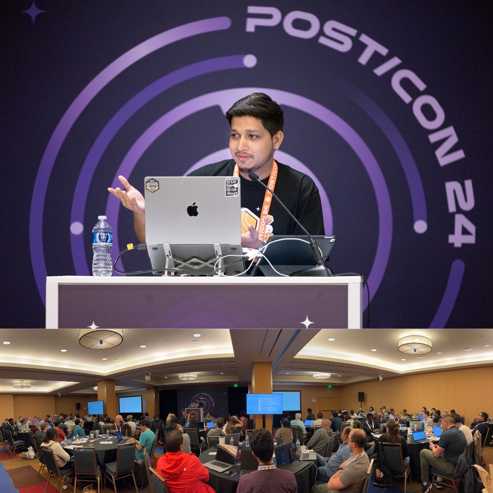 Ali Mustufa Shaikh leading an API workshop at POST/CON 2024 in San Francisco, with workshop attendees pictured below.